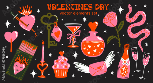 Valentines day, love date themed vector sticker elements set. Collection of whimsical fantasy witchy aesthetic cartoon illustration of magical love potion, rose flowers, candle, cupcake, 14 february