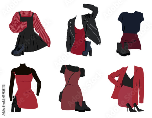 Modern casual dress. Fashion clothes set vector illustration isolated on white background