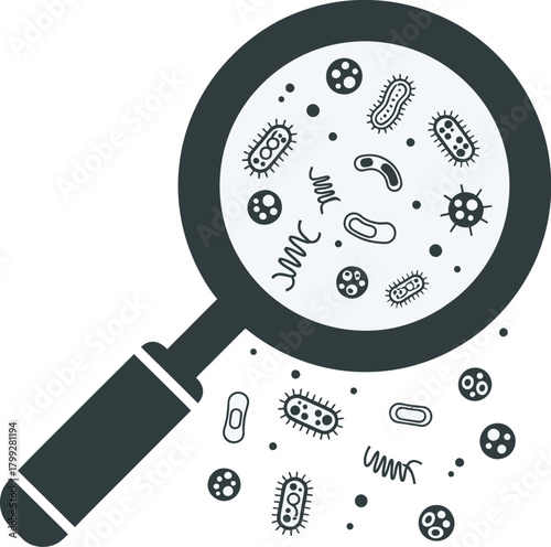 Magnifying Glass Inspecting Microbes, Bacteria, Germs, Science Research with vector illustration