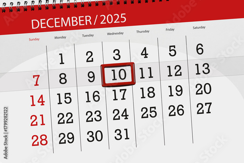 Calendar 2025, deadline, day, month, page, organizer, date, December, wednesday, number 10