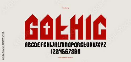 Sharp and bold gothic font for logo creation of for headlines, edgy geometric modern vector typeface, heavy metal and hard rock style alphabet with numbers.