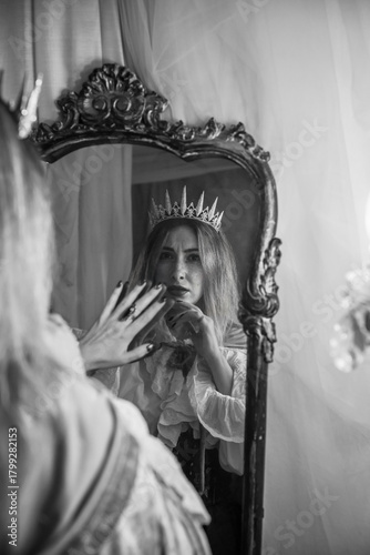 Queen in the Mirror. Emotional vintage warm portrait with candles around 