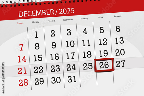 Calendar 2025, deadline, day, month, page, organizer, date, December, friday, number 26