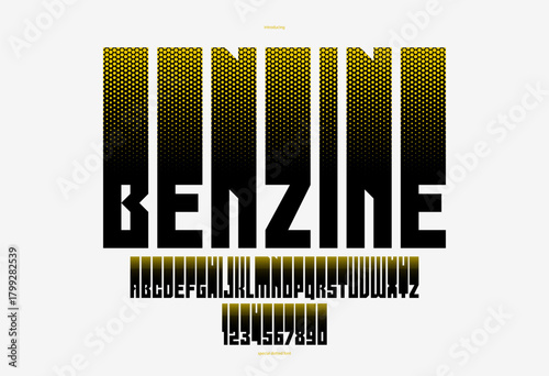 Halftone dotted geometric brutal and bold typeface for logos and posters, vector urban industrial font, modern display typography in cyberpunk futuristic style.