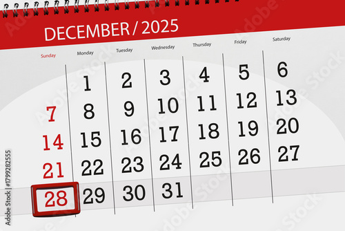 Calendar 2025, deadline, day, month, page, organizer, date, December, sunday, number 28