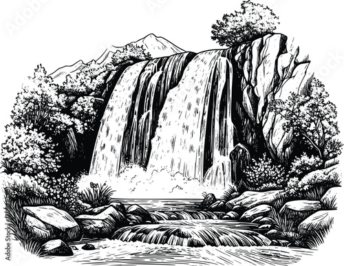 Monochrome Waterfall and River Sketch