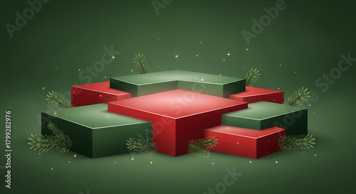 Geometric Christmas podium in red and green with festive decorations  