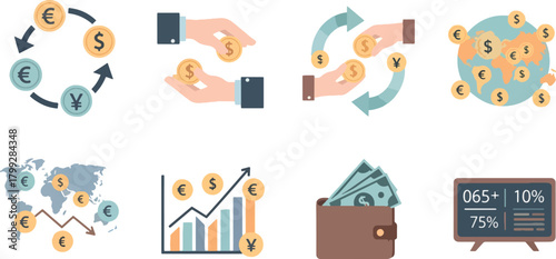 Financial Transaction Symbols and Data Charts in Flat Style
