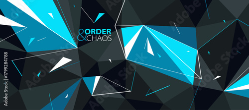 Black and blue polygonal vector abstract background, 3D low poly surface with dynamic particles in motion, order and chaos creative concept, broken elements.