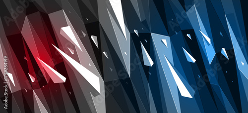 Dark black polygonal abstract background with color hot spotlights, 3D triangular surface and flying debris particles in motion, explosion force abstraction.