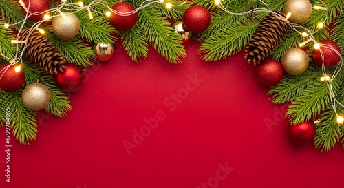 Vibrant Red Christmas Background with Pine Branches and Fairy Lights
