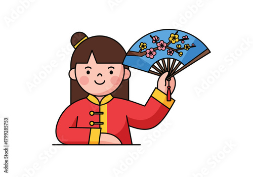 Chinese Girl with Fan Vector Illustration, Traditional Dress