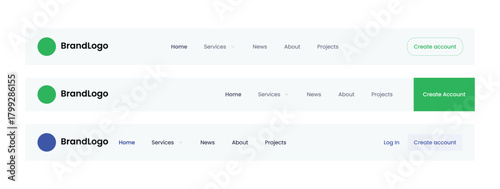 Website Navigation Bar Designs with Brand Logo and CTA Keywords: website, navigation bar, UI