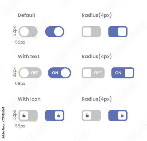 UI toggle switch variations with dimensions and labels slider control