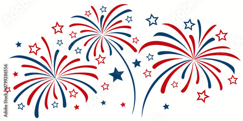 Fourth of July celebration frame with patriotic fireworks, red-white-blue confetti, stylish USA pattern background on white.