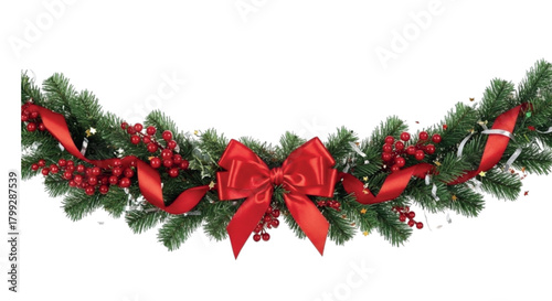Christmas Swag Garland with Red Bow and Berries.eps
