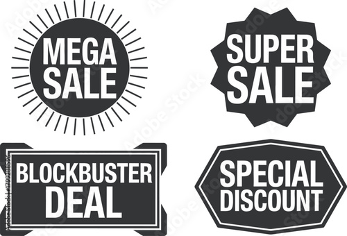 Bold Sale Badge Set – Mega Sale, Super Sale, and Special Discount Vector Labels