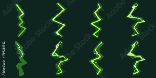 Collection of eight stylized green lightning bolt illustrations on a dark background