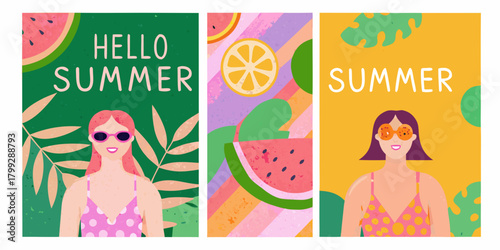 Vibrant summer triptych featuring happy women tropical leaves and fresh fruits