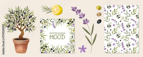 Watercolor olives set with herbs, lavender, olive tree. Mediterranean vibe. Frames, wreath, pattern, card, invitation