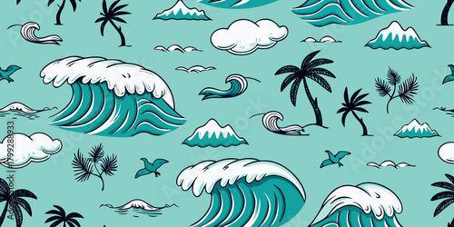 Seamless pattern of stylized ocean waves palm trees mountains clouds and birds on a teal background