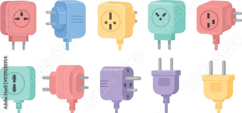Colorful Electric Plugs and Sockets Set in Pastel Shades for Technology and Power Concepts