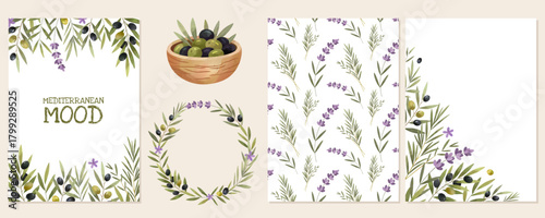 Watercolor olives set with herbs and lavender. Mediterranean mood. Frames, wreath, pattern for background, card, poster or invitation