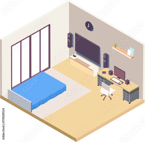 Vector isometric bedroom interior with bed, computer and televison. Interior cutaway
