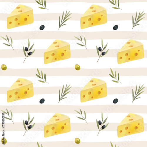Watercolor seamless pattern with cheese, olive branches, olives. Natural mediterranean food background