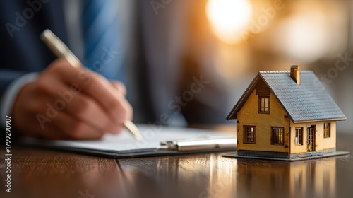 Businessman signing a contract to purchase a home with a house model on the table