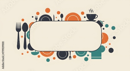 Minimalist Food and Kitchen Utensil Icon Frame Border with Rounded Box and Copy Space