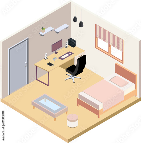 Isometric interior, room of a house, cutaway icon. light bedroom vector illustration