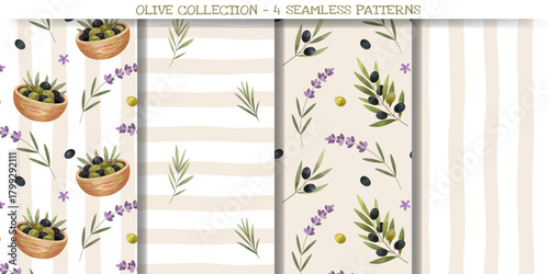 Mediterranean food seamless patterns. Watercolor backgrounds with olive branches, herbs, lavender. Beige color