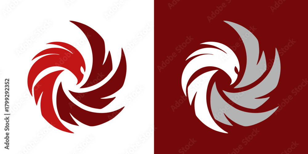 Fototapeta premium Phoenix bird logo design with rotating wings, perfect for branding and corporate identity that soars high above the competition in shades of red and silver
