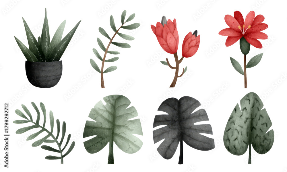 Naklejka premium Colorful Collection of Isolated Watercolor Plants and Flowers on Transparent Background