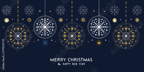 Elegant snowflake ornaments and snowflakes decorate a dark blue christmas and new year background