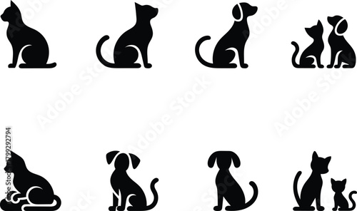 Black and white vector silhouettes of cats and dogs pets