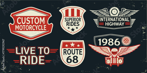 Collection of vintage motorcycle badges and emblems with retro graphics and text