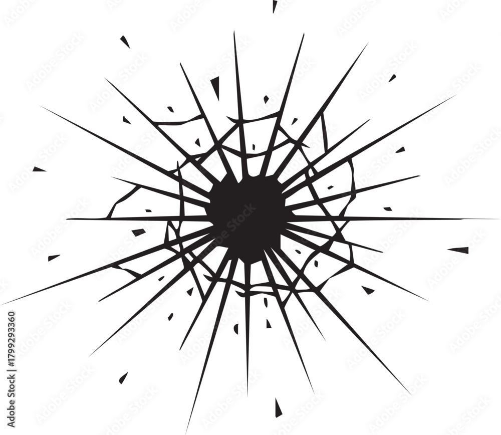 Obraz premium 瞬間的な衝突：ガラスの破壊と破片が飛び散るリアルなモノクロ弾痕エフェクト