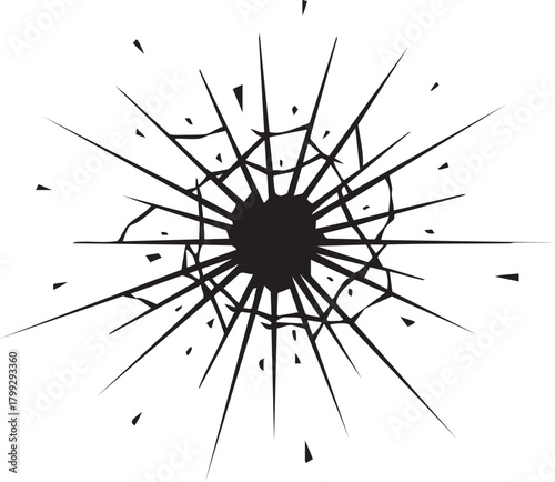 瞬間的な衝突：ガラスの破壊と破片が飛び散るリアルなモノクロ弾痕エフェクト