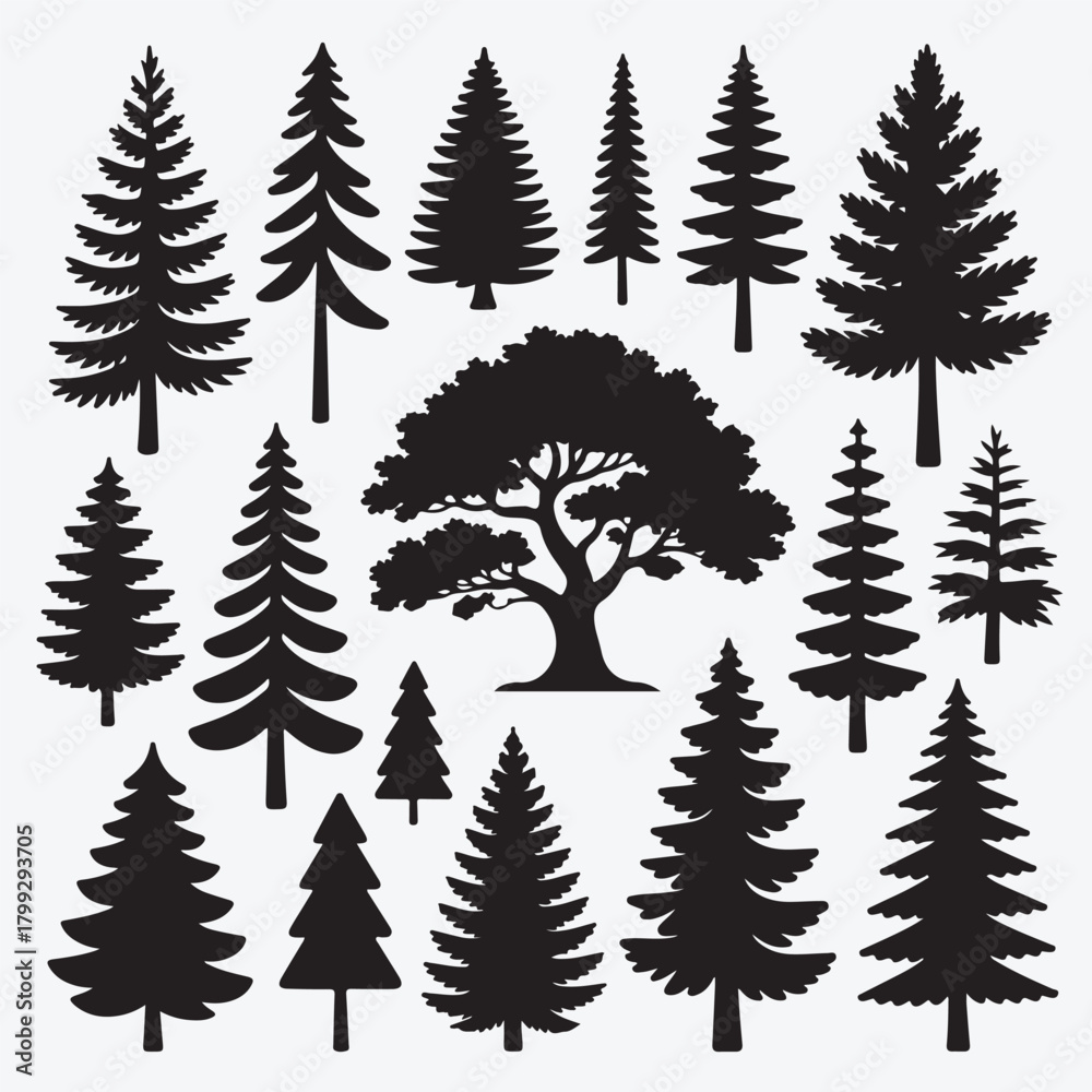 Fototapeta premium Seamless forest pattern with green pine tree vector silhouettes for winter holiday decoration