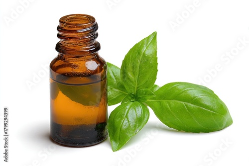 Amber glass bottle of basil oil beside fresh basil leaves