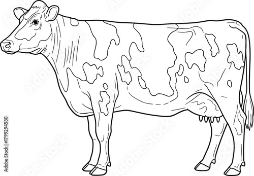 Black and white line art illustration of a standing dairy cow with spotted coat, simple vector design for coloring books, educational materials, and farm-themed graphics.