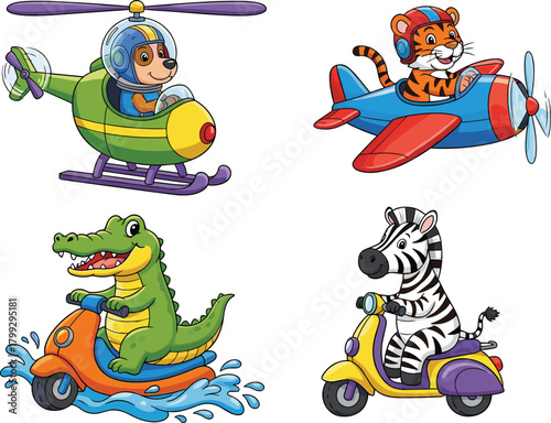 Cute cartoon animals driving vehicles including a dog in helicopter, tiger in airplane, crocodile on water scooter, and zebra on motorbike, fun transportation set
