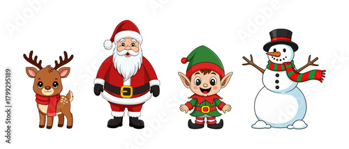 Set of Christmas vector elements Santa Claus, elf, reindeer and snowman. Holidays clipart for Christmas card, sticker and print.