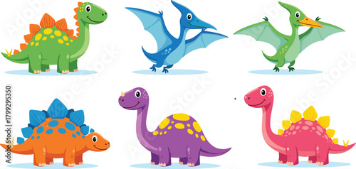 Cute cartoon dinosaurs in bright colors including Stegosaurus, Pterodactyl, and Brontosaurus, perfect for children’s books, educational materials, and playful designs