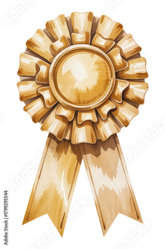 Exquisite Golden Rosette Award Badge with Shiny Circular Center and Elegant Ribbon Tails for Achievement Recognition, Isolated on Transparent and White Background