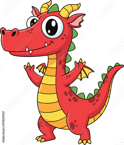 Cute red cartoon dragon with yellow belly and green spikes, friendly fantasy creature for children's book, game, or educational design