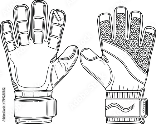 Detailed line art illustration of soccer goalkeeper gloves, showcasing finger padding and wrist straps, ideal for sports design, team branding, and athletic content.