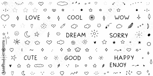 Collection of hand drawn doodle elements including hearts stars clouds sun moon and inspirational words